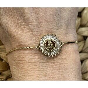 Treasure Initial “A” Box Chain CZ Baguette Tennis Bracelet Adjustable Novelty